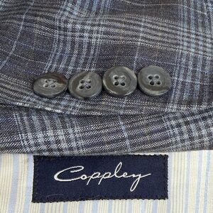 Coppley Sport Coat Mens 44T Blue Gray Tan Plaid Linen Blazer Made in Canada